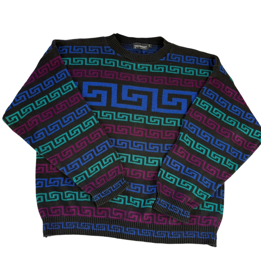 Tony Lambert Vintage Mens XL Greek Key Geometric Cotton Knit Sweater Made in USA